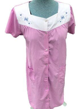 VTG Pink Pearl Snap Front Duster Nightgown House Coat Cover Up Robe Women’s S